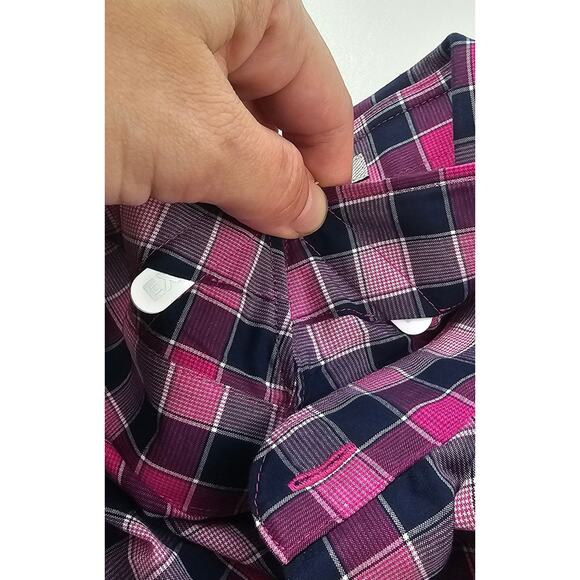 Express fitted L mens long sleeve button up purple plaid 16 - 16.5 proffesional - Picture 6 of 9